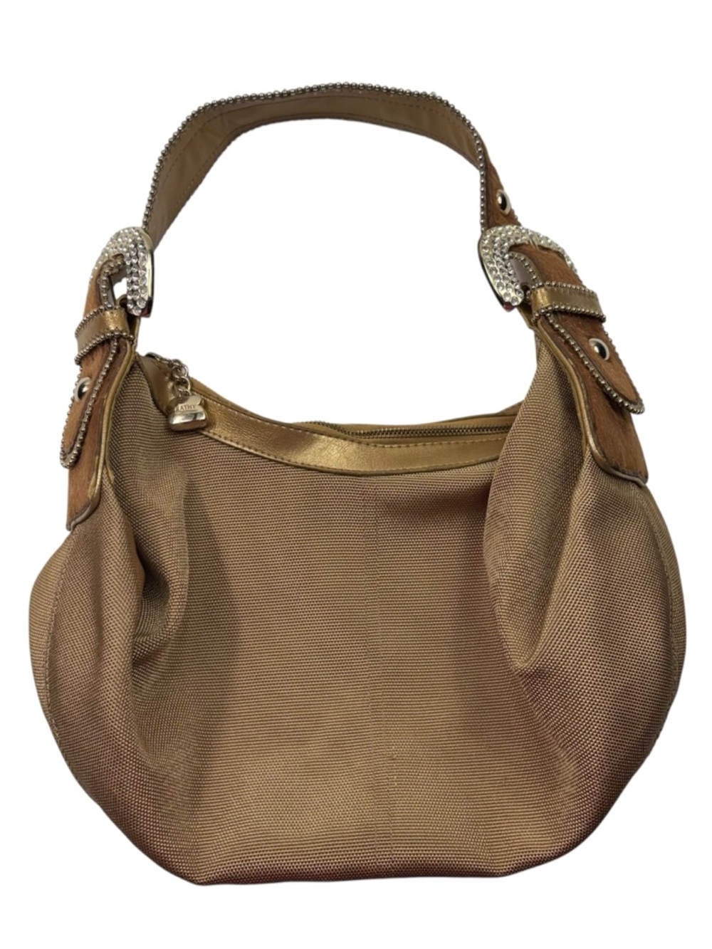 Y2K Kathy Van Zealand Brown Canvas Rhinestone Buckle Belt Strap Shoulder Bag